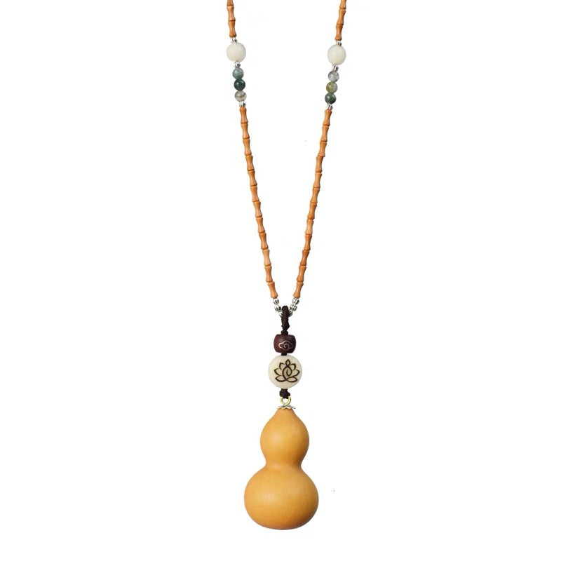 Eight Treasures Gourd Necklace with Bamboo-Shaped Wooden Beads