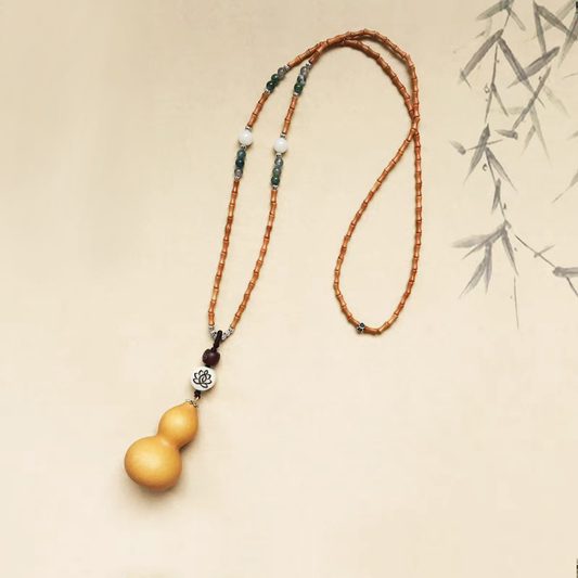 Eight Treasures Gourd Necklace with Bamboo-Shaped Wooden Beads